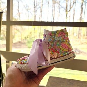 Custom Bling Converse Kids Unicorn Rainbow Pearl Satin Lace Shoes